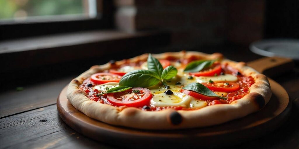 Vegetarian naan pizza topped with colorful veggies and mozzarella.