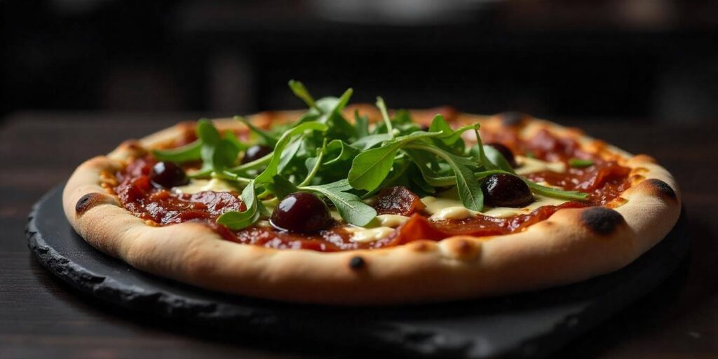 Crispy naan pizza fresh out of the oven with tomato sauce and basil