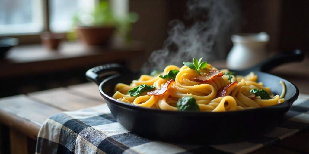 A plate of Italian drunken noodles with fresh basil and cherry tomatoes