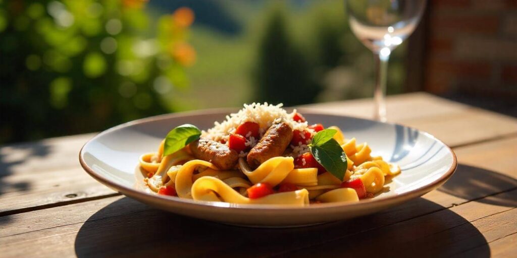 Savory Italian drunken noodles with sausage and peppers.