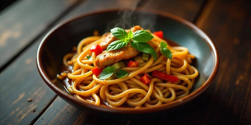 Close-up of Italian drunken noodles with a rich tomato sauce