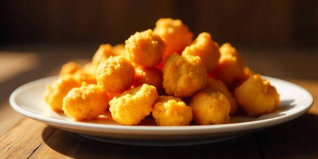 Golden-fried corn nuggets stacked on a serving dish