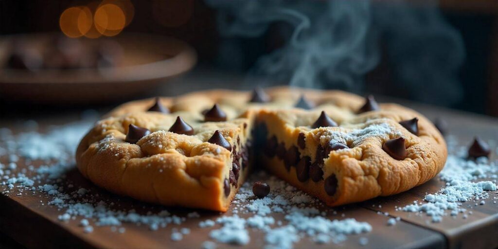 Close-up of a soft and chewy cookie cake with a gooey center