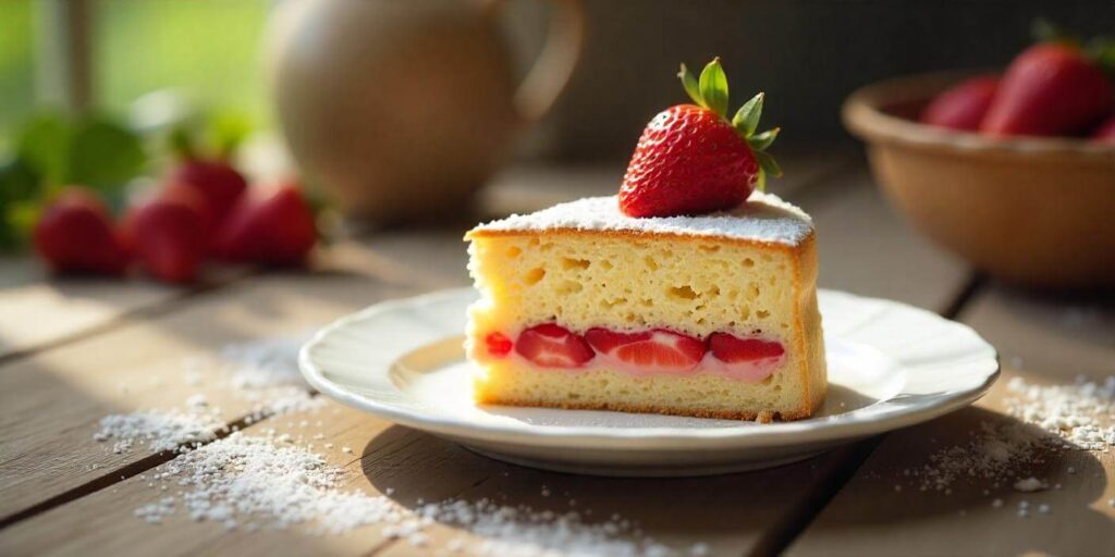 A slice of fresh strawberry cake topped with whipped cream and strawberries