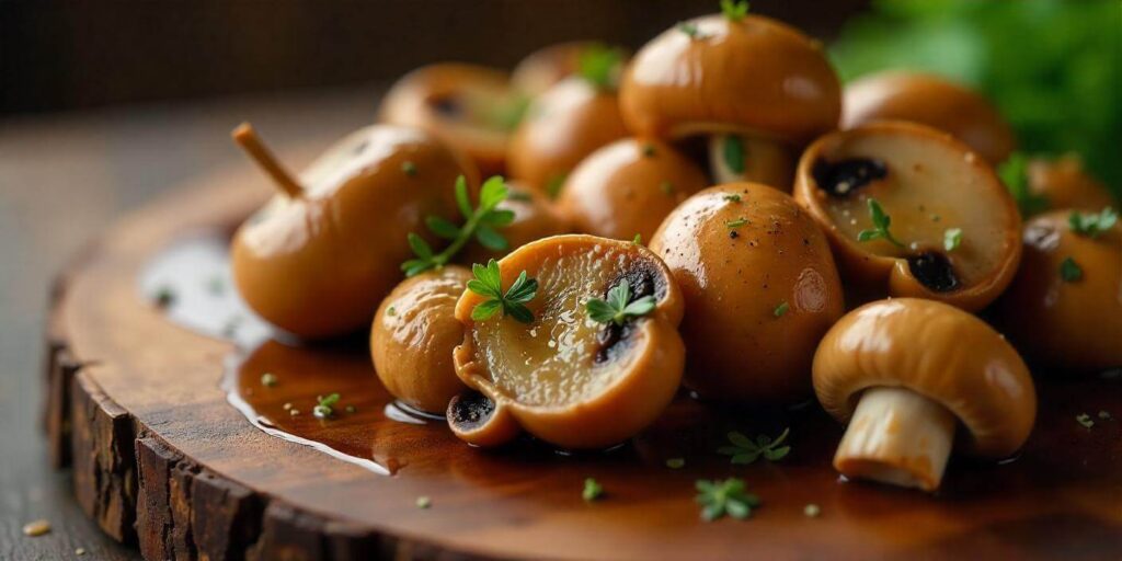 Close-up of maitake mushrooms cooked to golden perfection in a savory sauce