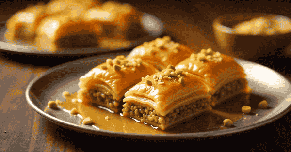 Layers of flaky baklava drizzled with honey and sprinkled with pistachios