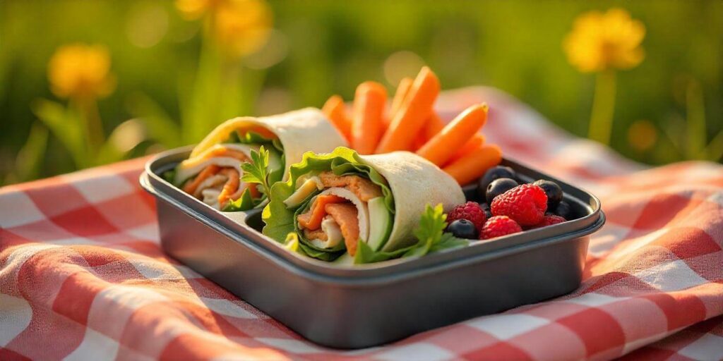 A healthy and budget-friendly packed lunch with a sandwich, fruit, and nuts