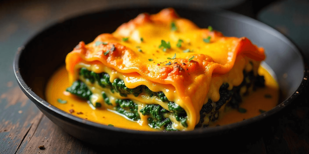 A close-up of a delicious slice of vegan lasagna with layers of vegetables and tofu ricotta.