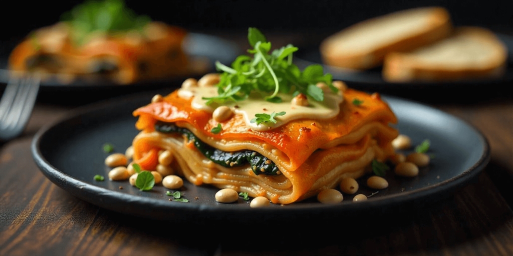 Baked vegan lasagna with a golden crust and fresh basil on top.