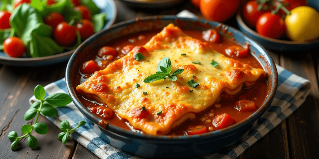 Layered vegan lasagna made with plant-based ingredients, ready to serve