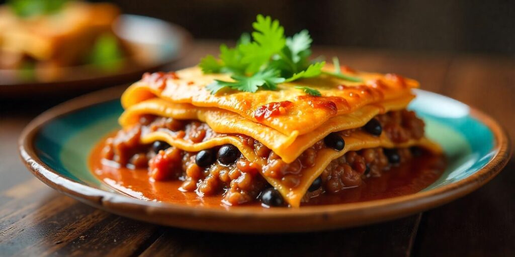 Mexican lasagna recipe featuring tortillas as the base, ready to serve.