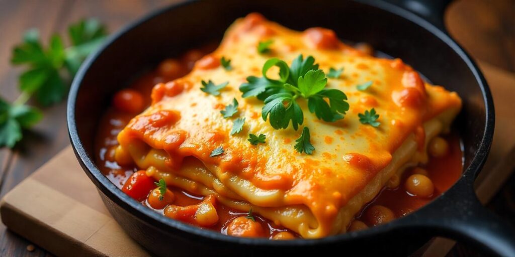 A homemade Mexican lasagna served with a side of guacamole and salsa