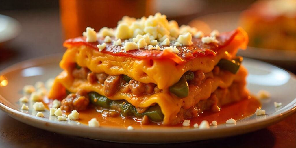 Layered Mexican lasagna with tortillas, beef, cheese, and a savory tomato sauce.