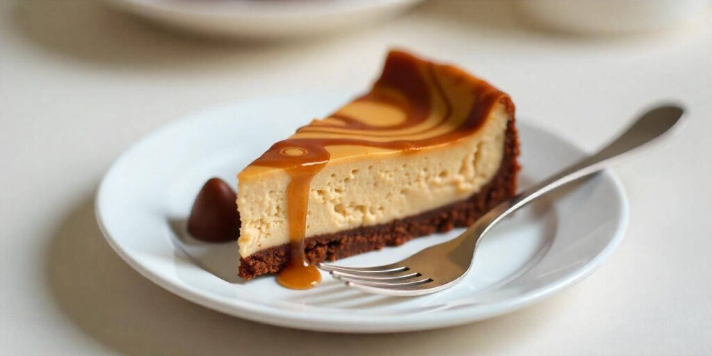 A close-up shot of the creamy, decadent brownie cheesecake