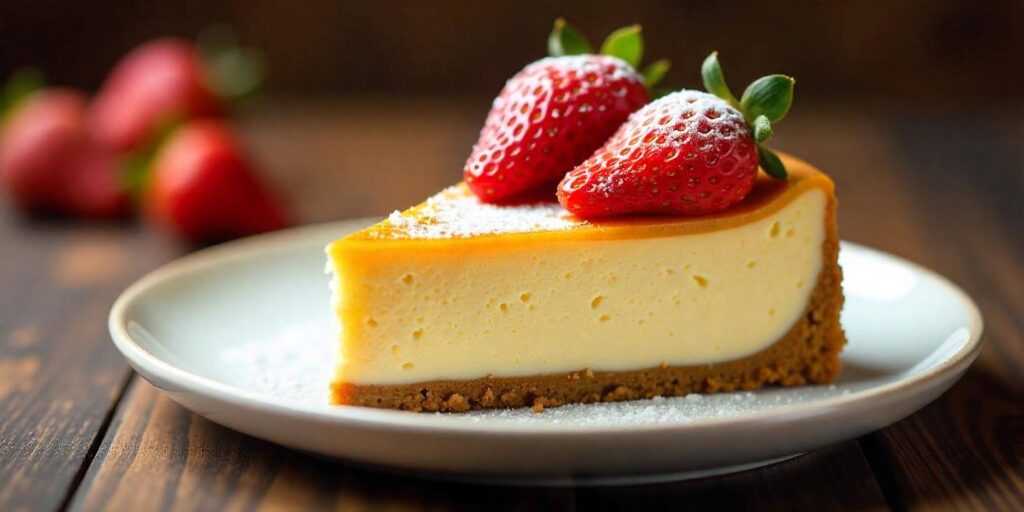 A smooth and creamy healthy cheesecake served on a plate