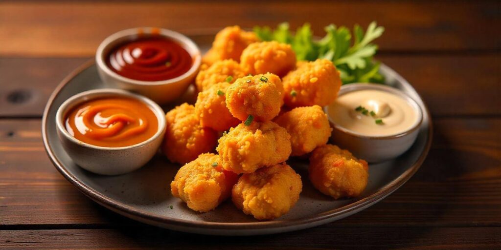 A plate of crispy homemade corn nuggets with dipping sauce