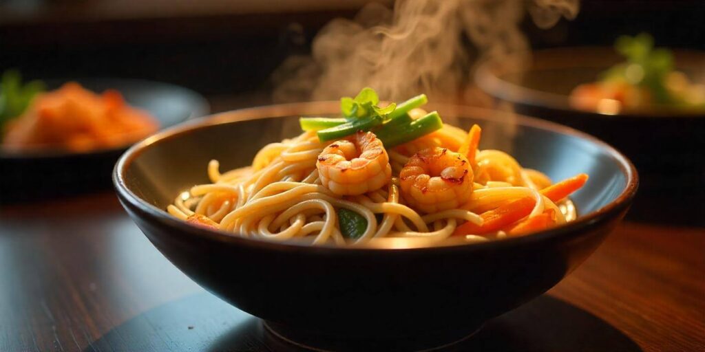 Delicious hibachi noodles stir-fried with grilled shrimp