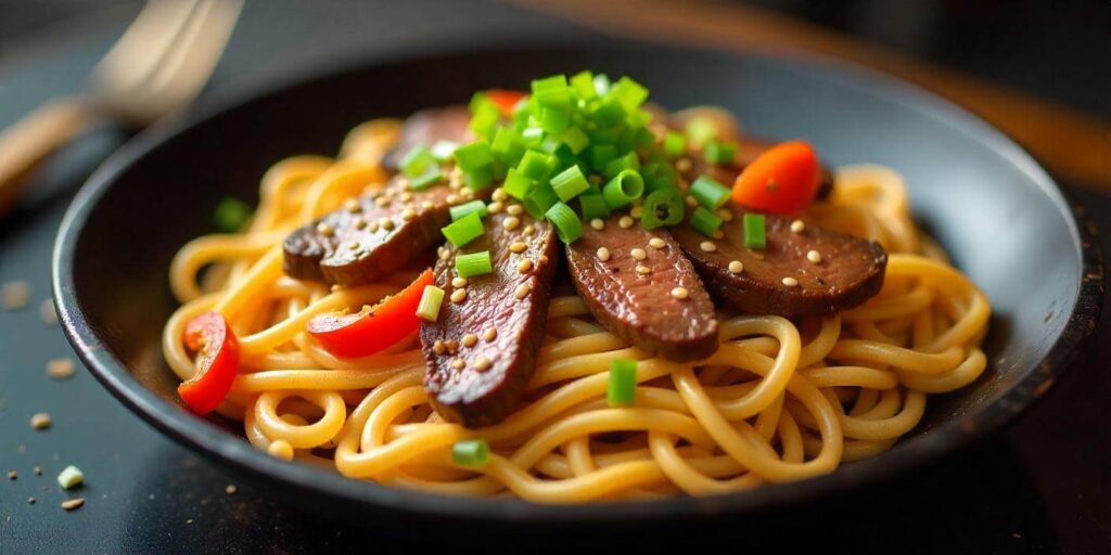 A plate of homemade hibachi noodles with vegetables