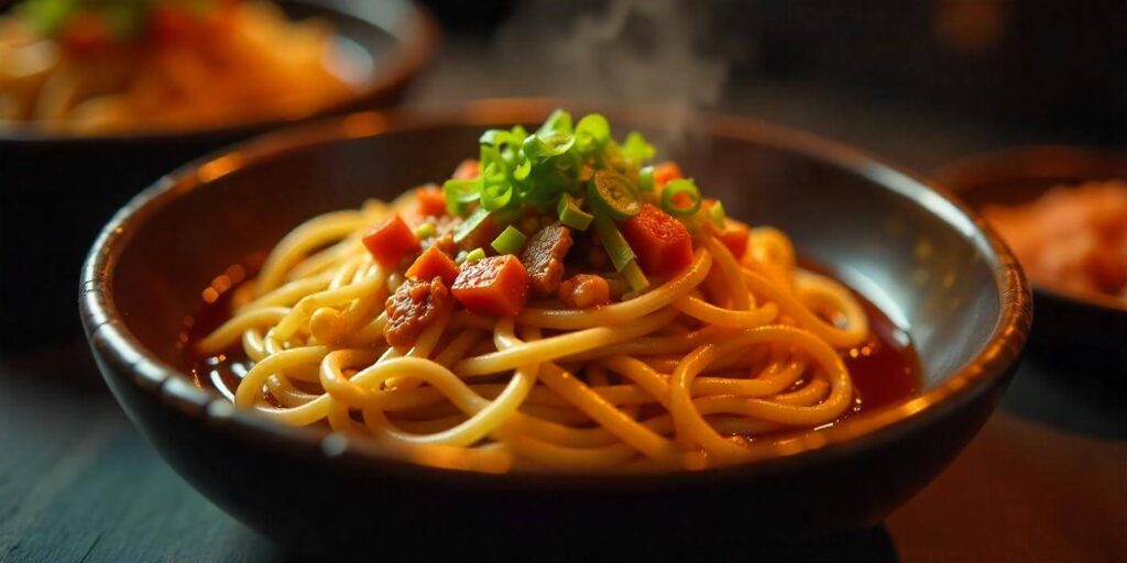 Fresh hibachi noodles with vibrant veggies, grilled meat, and savory sauce