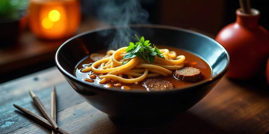 A bowl of beef ramen noodles with tender beef slices and fresh herbs.