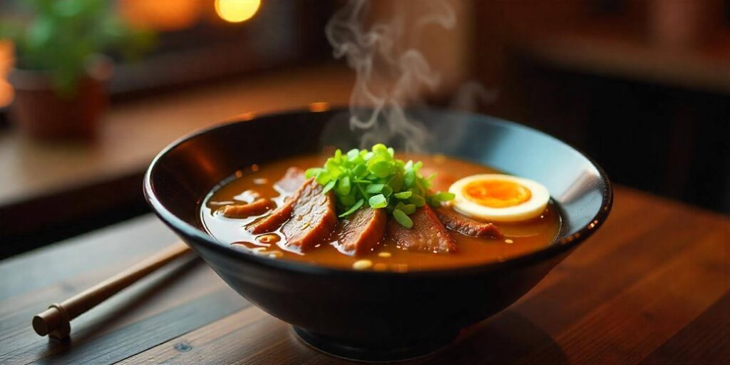 Close-up of delicious beef ramen noodles topped with vegetables and a soft-boiled egg