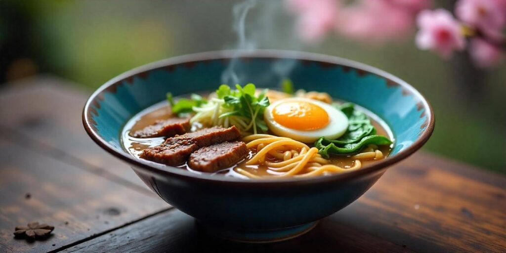 Delicious beef ramen noodles served in a bowl with a savory broth and fresh vegetables