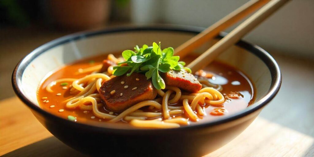 Homemade beef ramen noodle dish with spicy broth and crunchy toppings