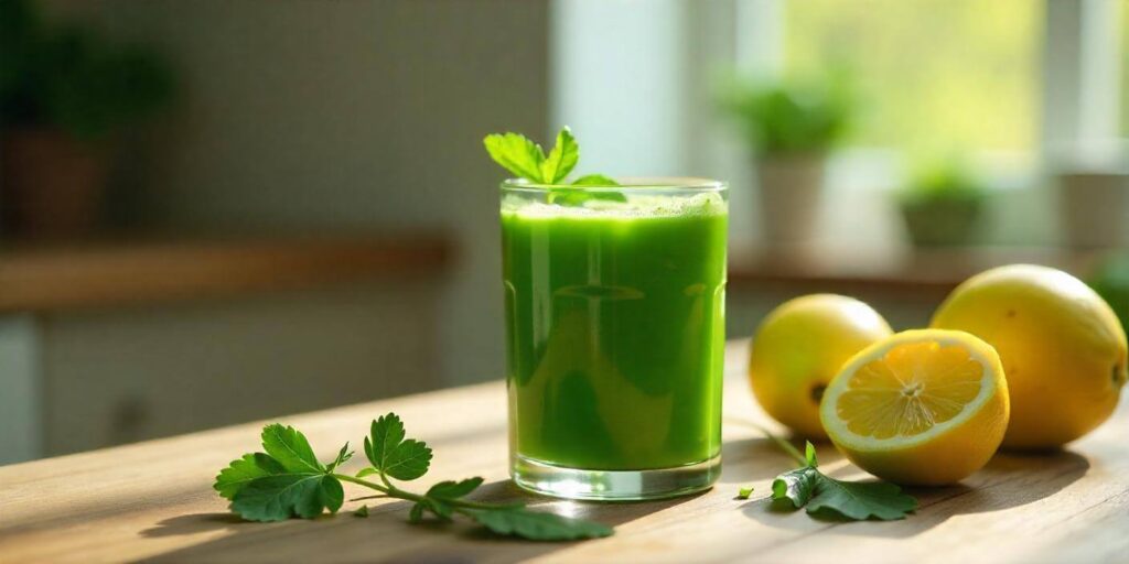 A juicer with vibrant ingredients like spinach, apples, and ginger