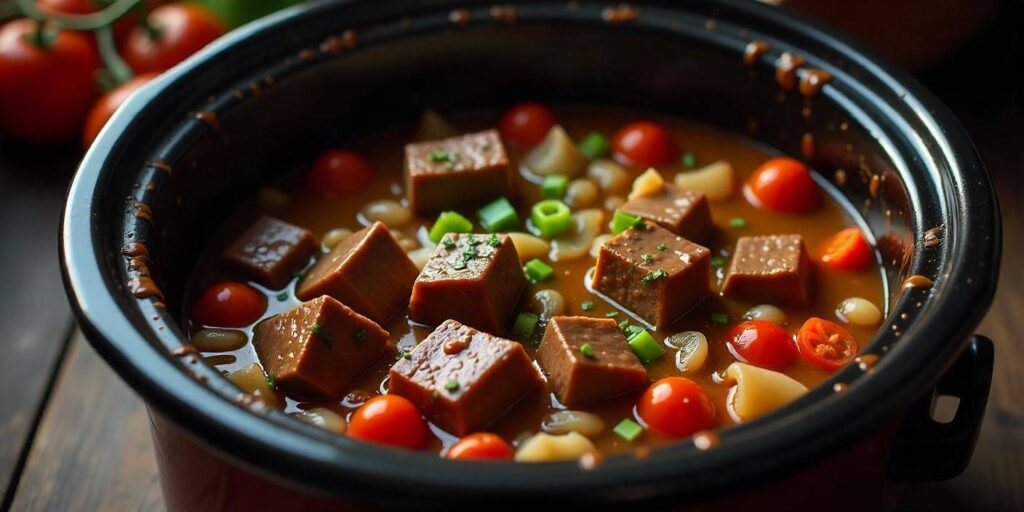 Tender cube steak simmered in a flavorful sauce inside a crock pot.