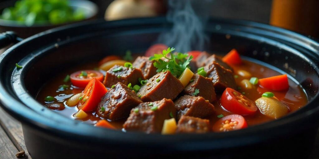 Juicy cube steak cooked to perfection in a slow cooker with vegetables