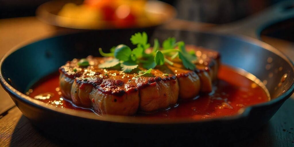 Close-up of chipotle steak topped with fresh cilantro and lime