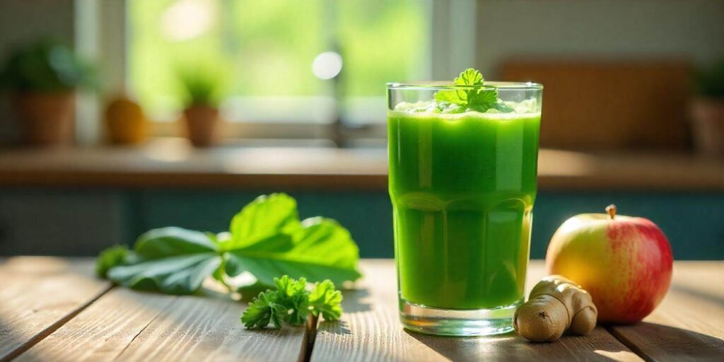 A refreshing green juice in a glass with fresh ingredients around it