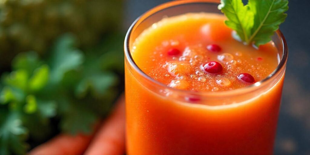 Freshly squeezed orange and carrot juice in a glass