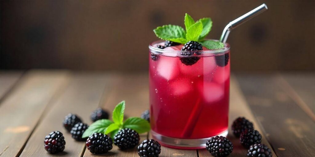 A freshly made blackberry mojito garnished with mint leaves