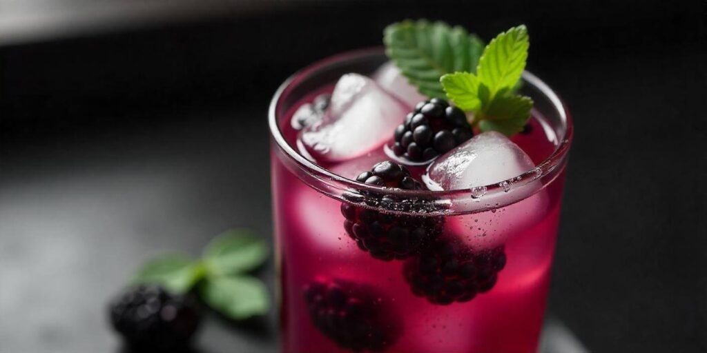 Close-up of a blackberry mojito with ice and muddled blackberries.