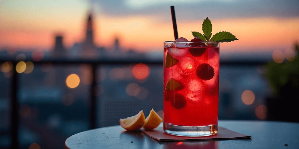 A vibrant blackberry mojito with crushed ice, ready to enjoy.