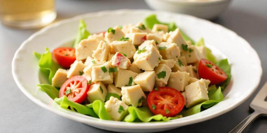 A fresh turkey salad with leafy greens, cherry tomatoes, and a light dressing.