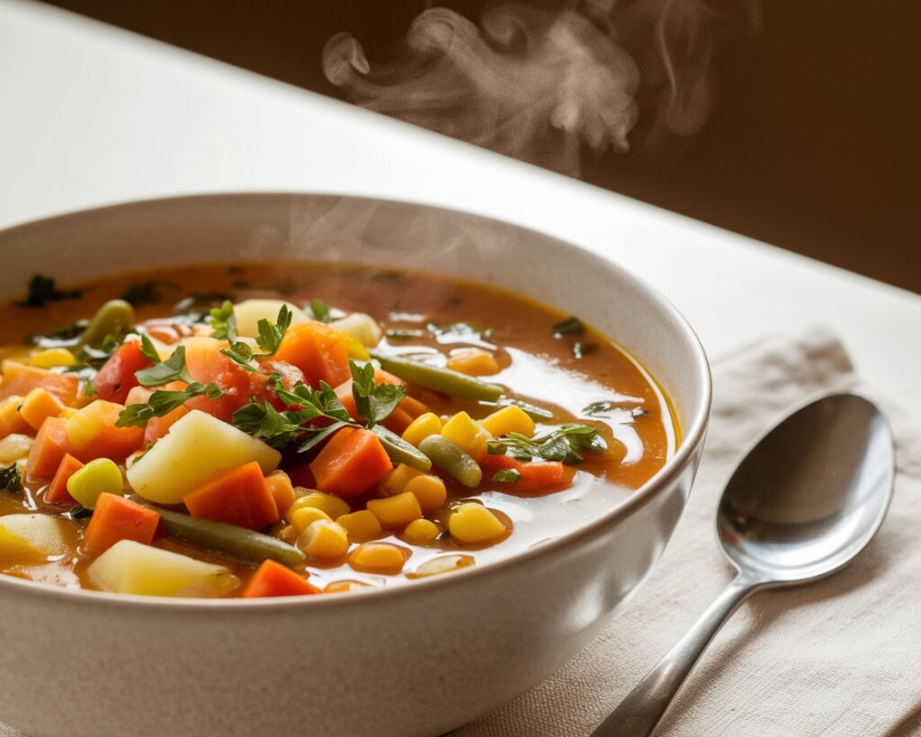 Comforting vegetable soup in a rustic bowl, perfect for dinner