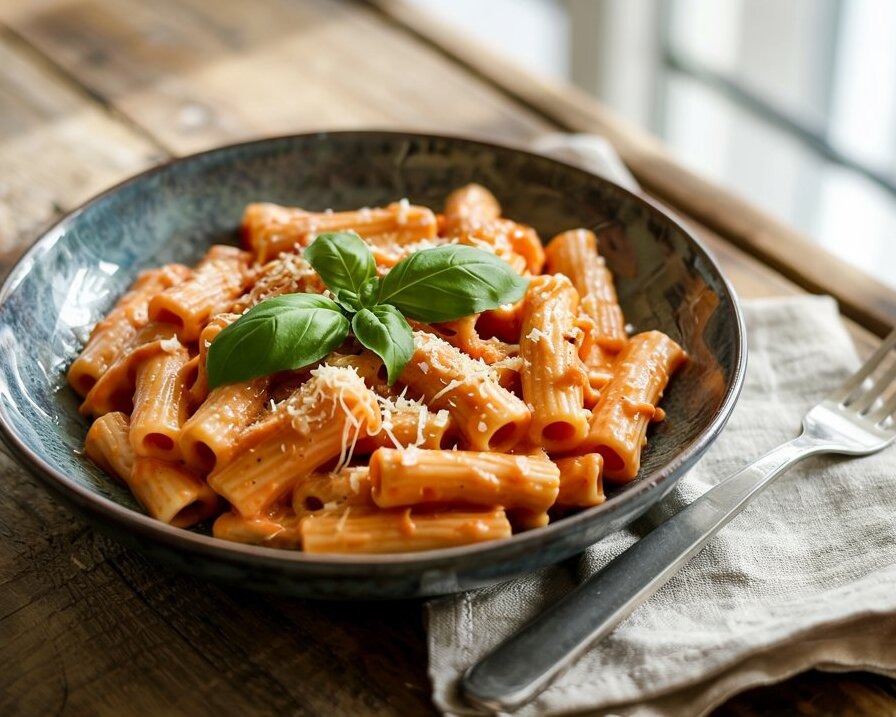 Creamy tomato rigatoni pasta with garlic bread on the side