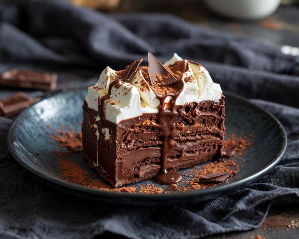 Layered view of cake showing moist interior and creamy topping