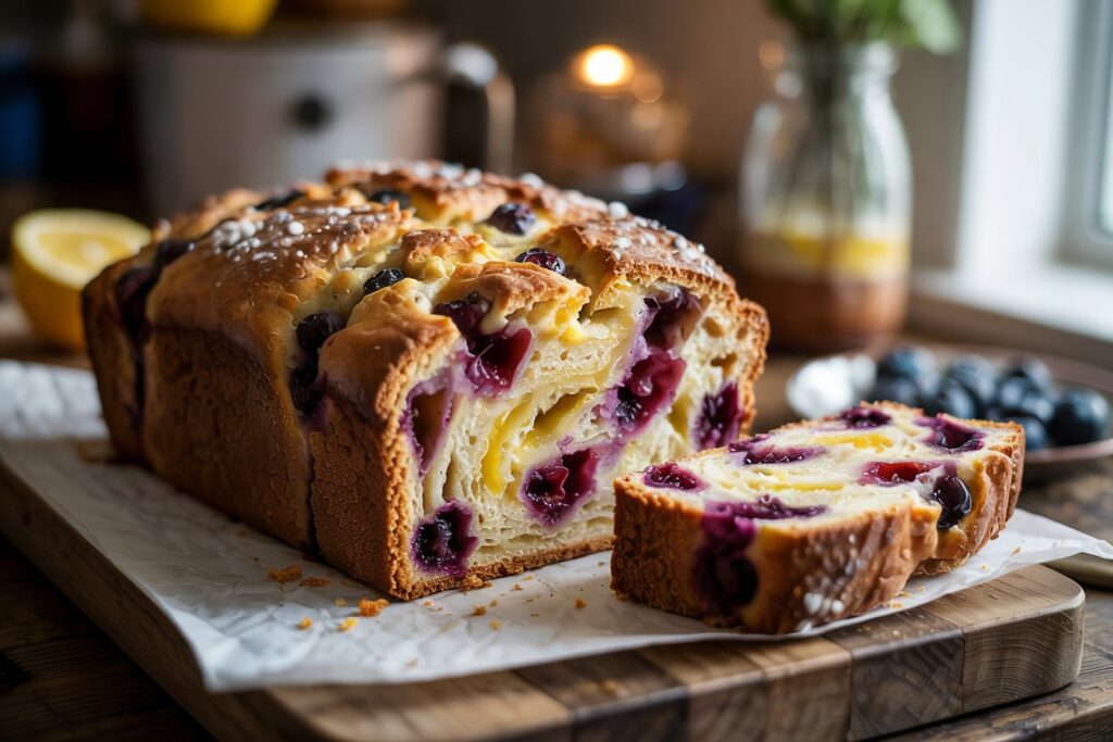 A golden-brown lemon blueberry bread drizzled with glaze.