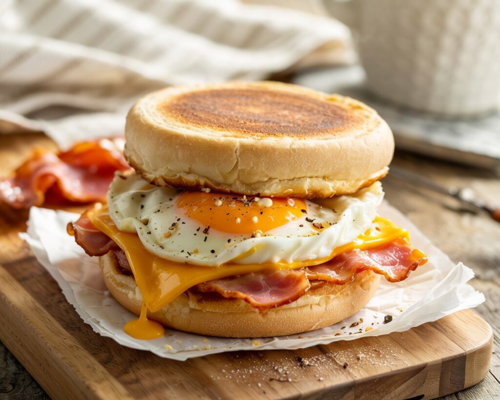 English muffin breakfast sandwich with fluffy egg and melted cheese