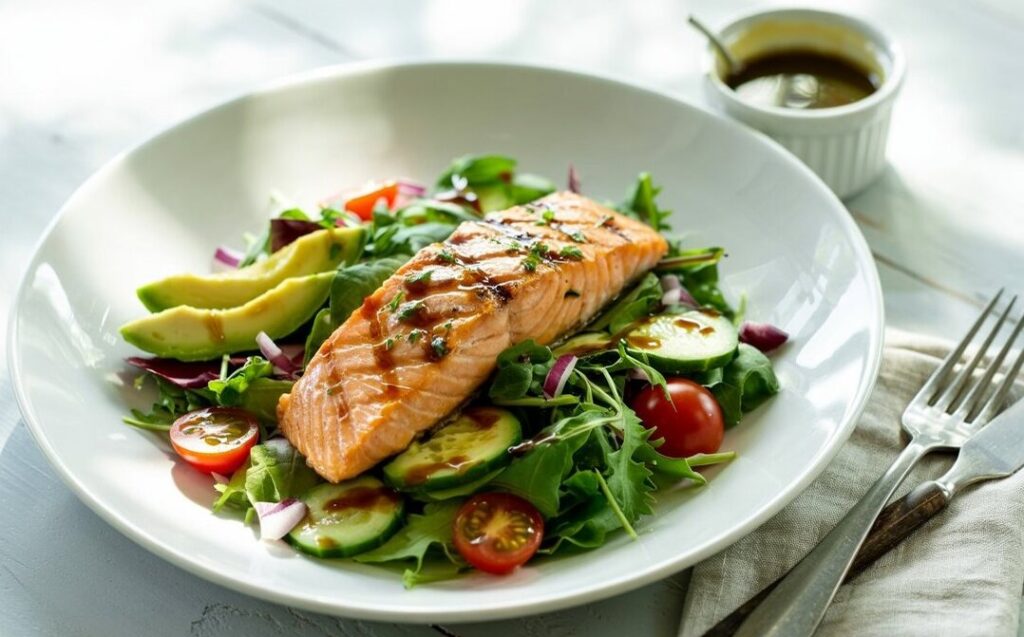 Grilled salmon fillet on a bed of mixed greens with balsamic drizzle