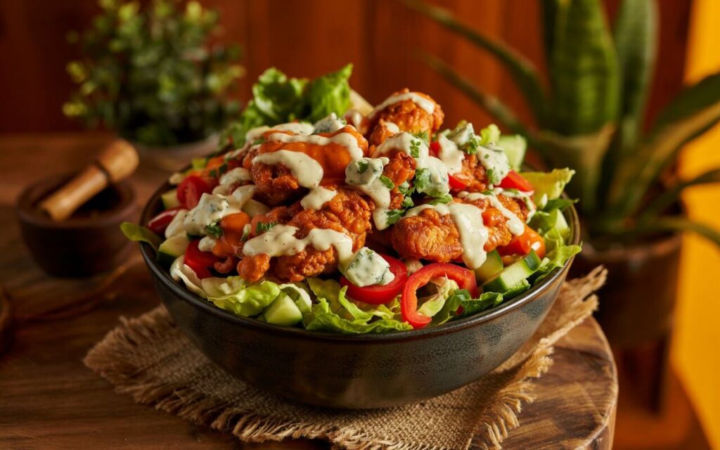 Meal-prep containers filled with buffalo chicken, greens, and quinoa.