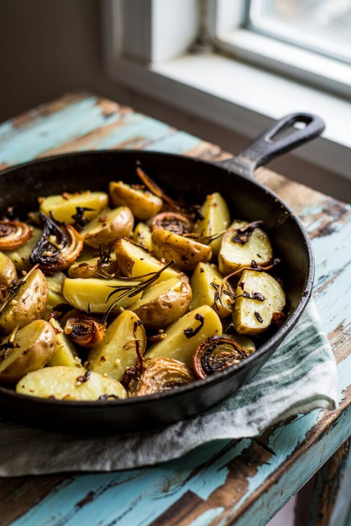 Close-up of crispy roasted potatoes and caramelized onions with garlic