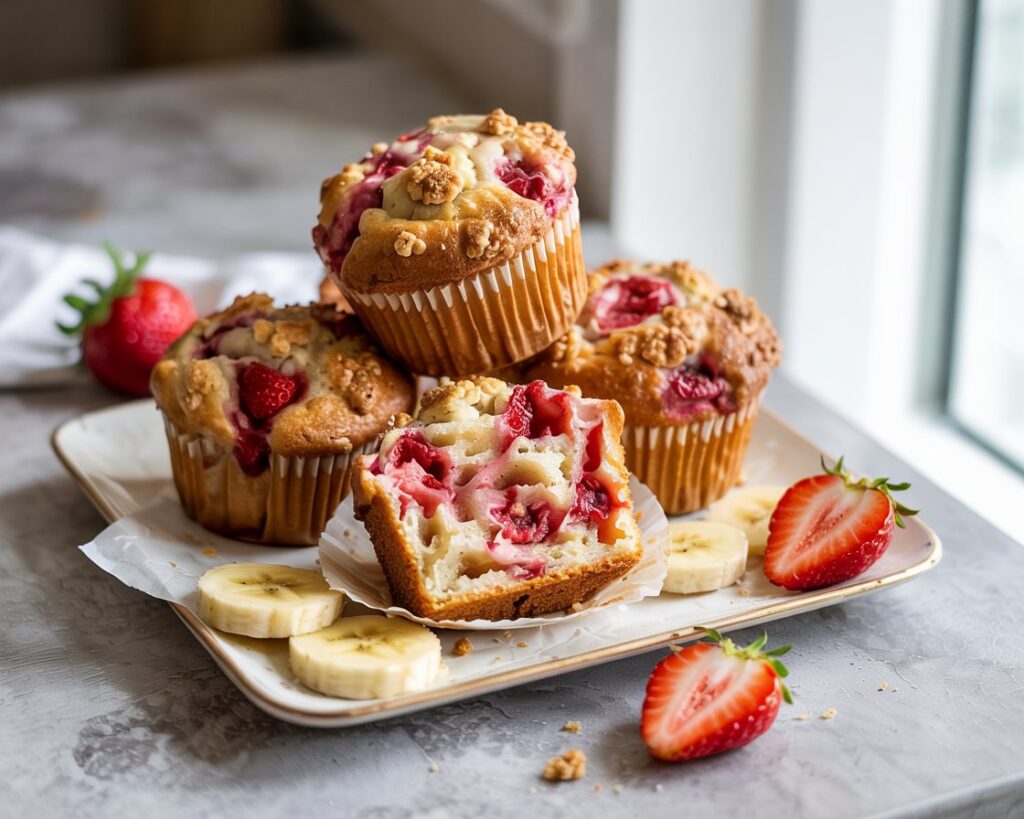 Strawberry banana muffins rising in the oven in a muffin tin