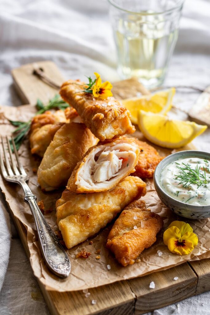 Crispy fried cod fillets served with lemon wedges and herbs