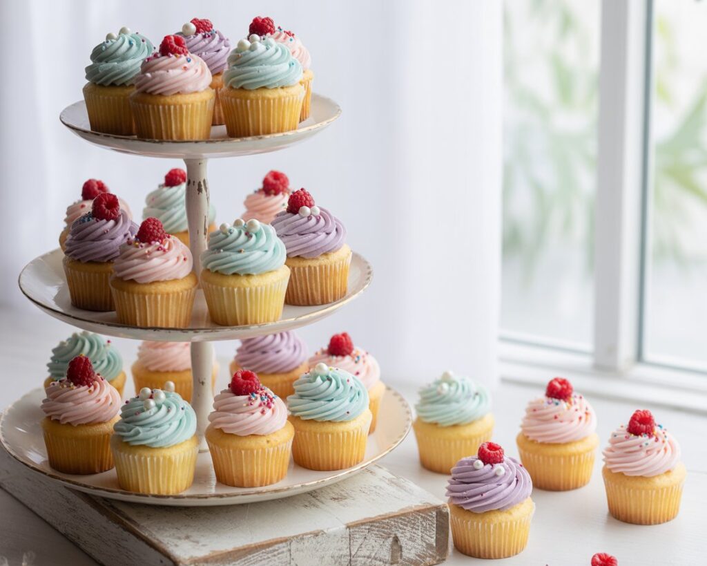 Colorful mini cupcakes with frosting