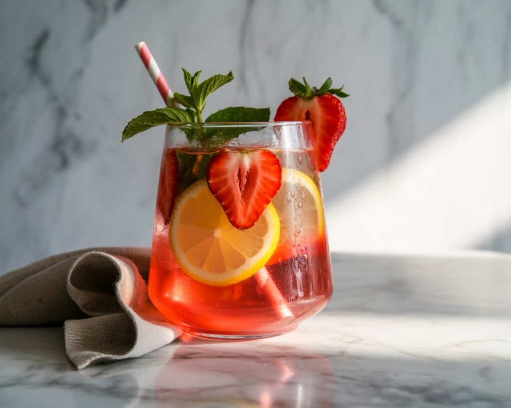 Healthy strawberry lemonade in a mason jar