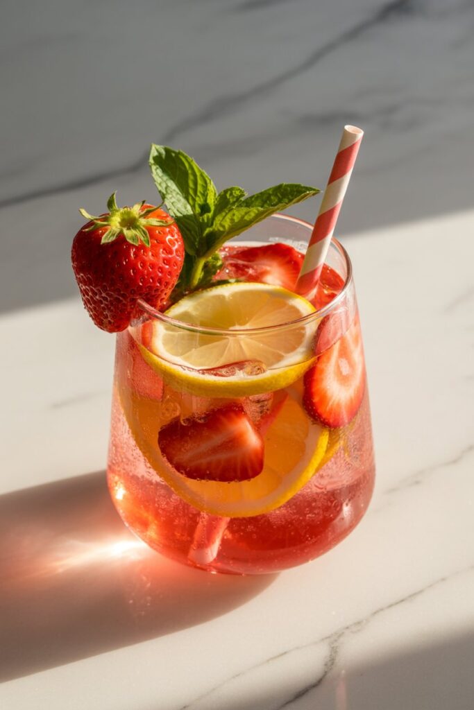 Sugar-free lemonade with fresh fruit garnish